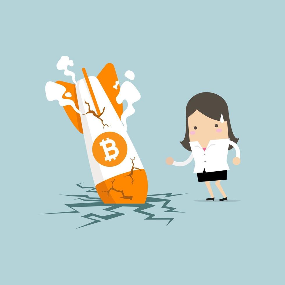 Geschäftsfrau mit Bitcoin-Raketenabsturz fliegt Bitcoin-Preisverfall nach unten vektor