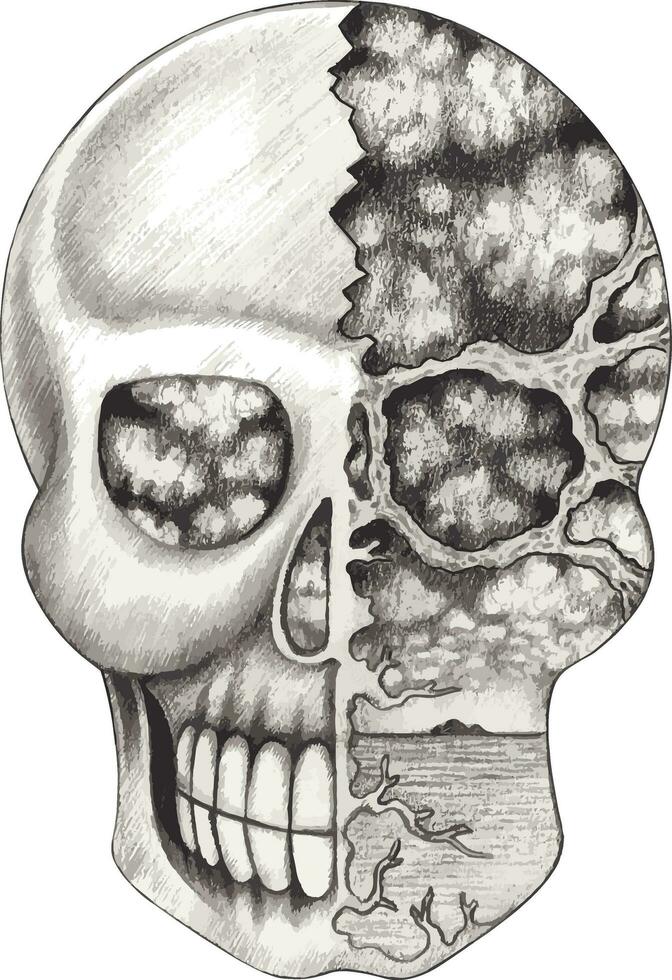 overkligt skalle. hand teckning och göra grafisk vektor. vektor