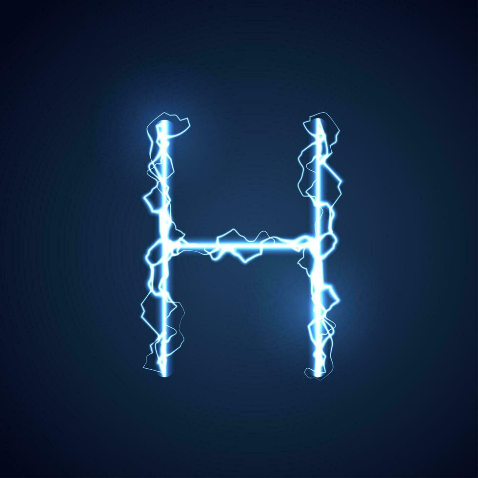 blå blixt- stil brev eller alfabet h. blixt- och åska bult eller elektrisk font, glöd och gnistra effekt på blå bakgrund. vektor design.
