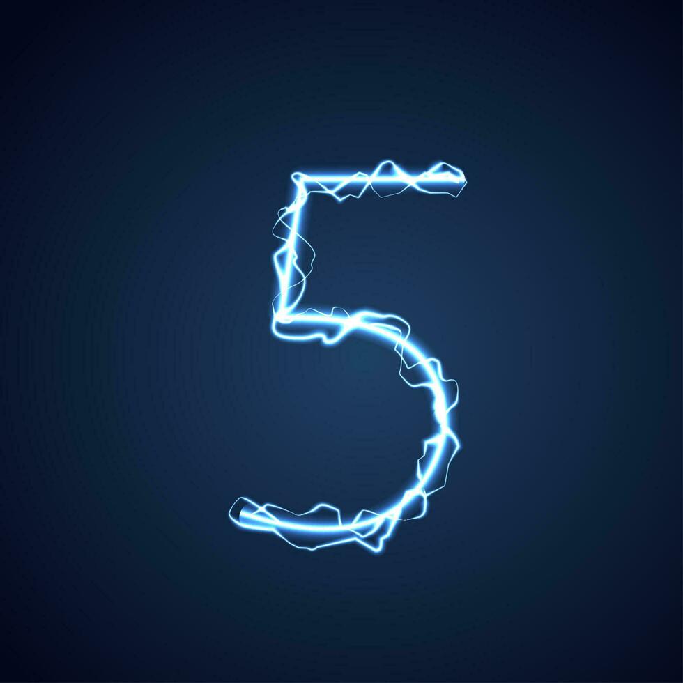 Blau Blitz Stil Brief oder Alphabet 5. Blitz und Donner Bolzen oder elektrisch Schriftart, glühen und funkeln bewirken auf Blau Hintergrund. Vektor Design.