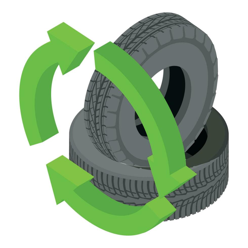 Recycling Konzept Symbol isometrisch Vektor. alt getragen Auto Reifen und Recycling Zeichen vektor