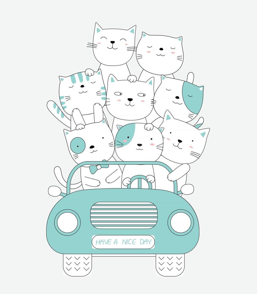 Karikatur skizzieren die niedlichen Tiere der Katze mit dem rosa Auto vektor