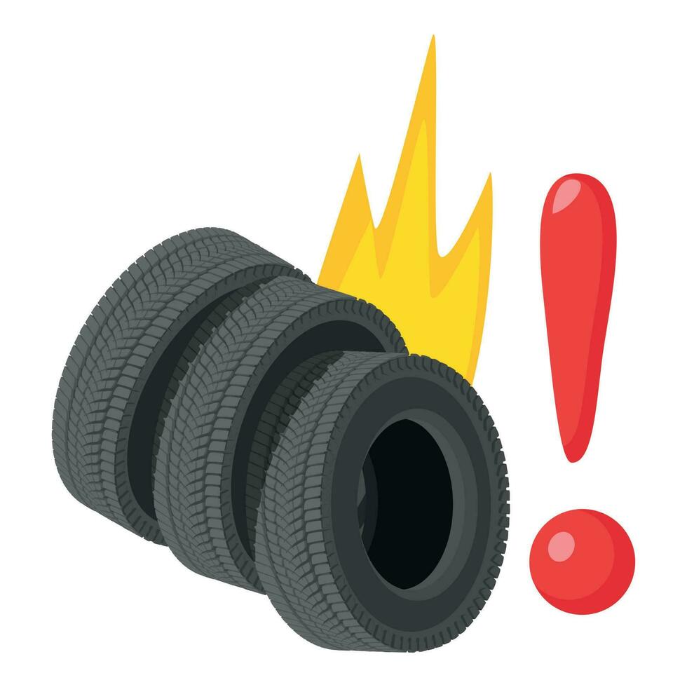 brennbar Material Symbol isometrisch Vektor. Verbrennung Auto Reifen und Ausruf Kennzeichen vektor