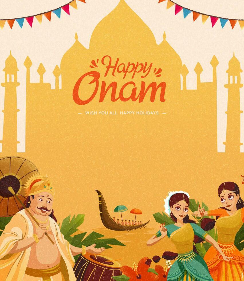 Lycklig onam firande med mahabali kung och dansare på krom gul arkitektur silhuett bakgrund vektor