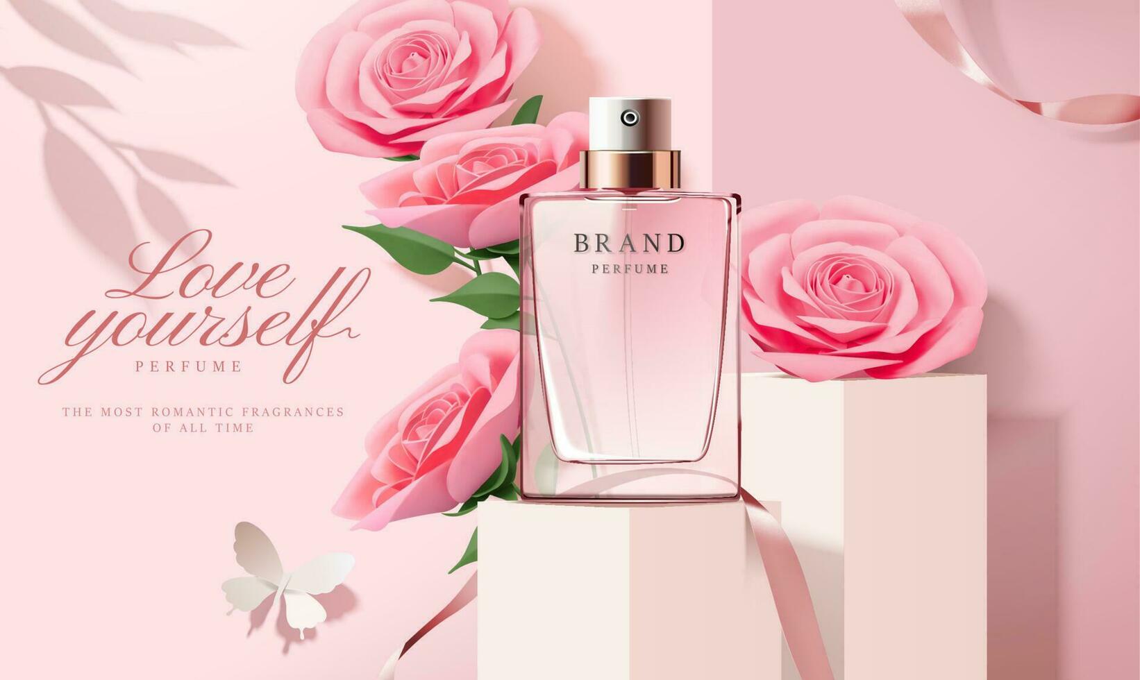 elegant parfym annonser med papper ljus rosa ro dekorationer i 3d illustration vektor