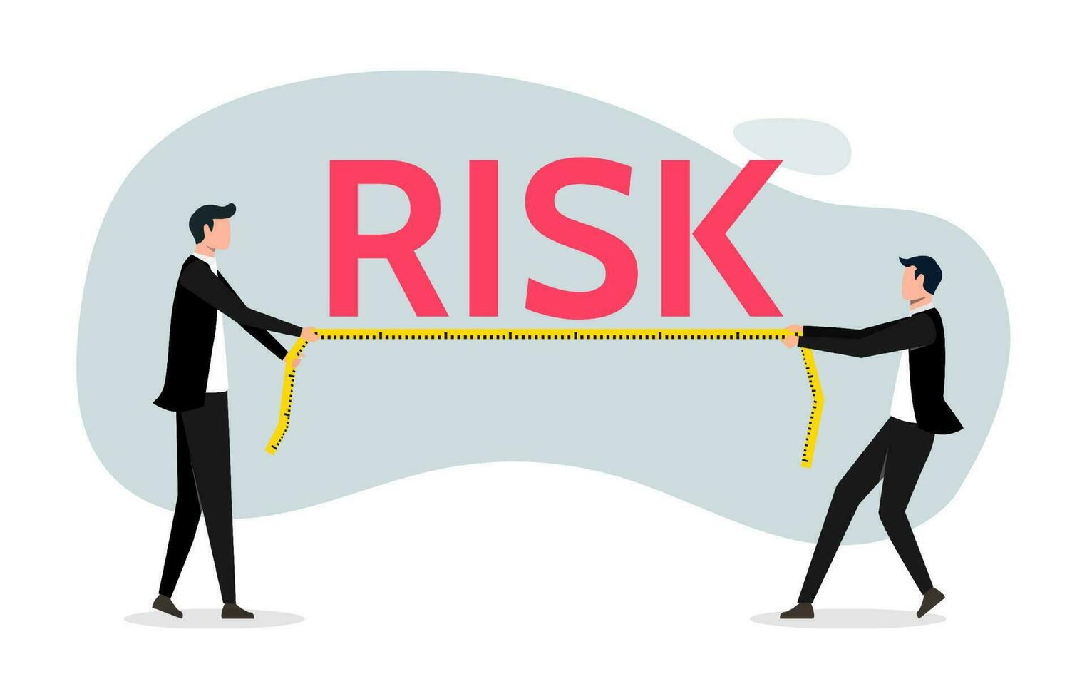 risk bedömning och undersökning, analysera potential fara nivå, två affärsmän mäta de risk ord, risk mått och vikt de risk symbol vektor