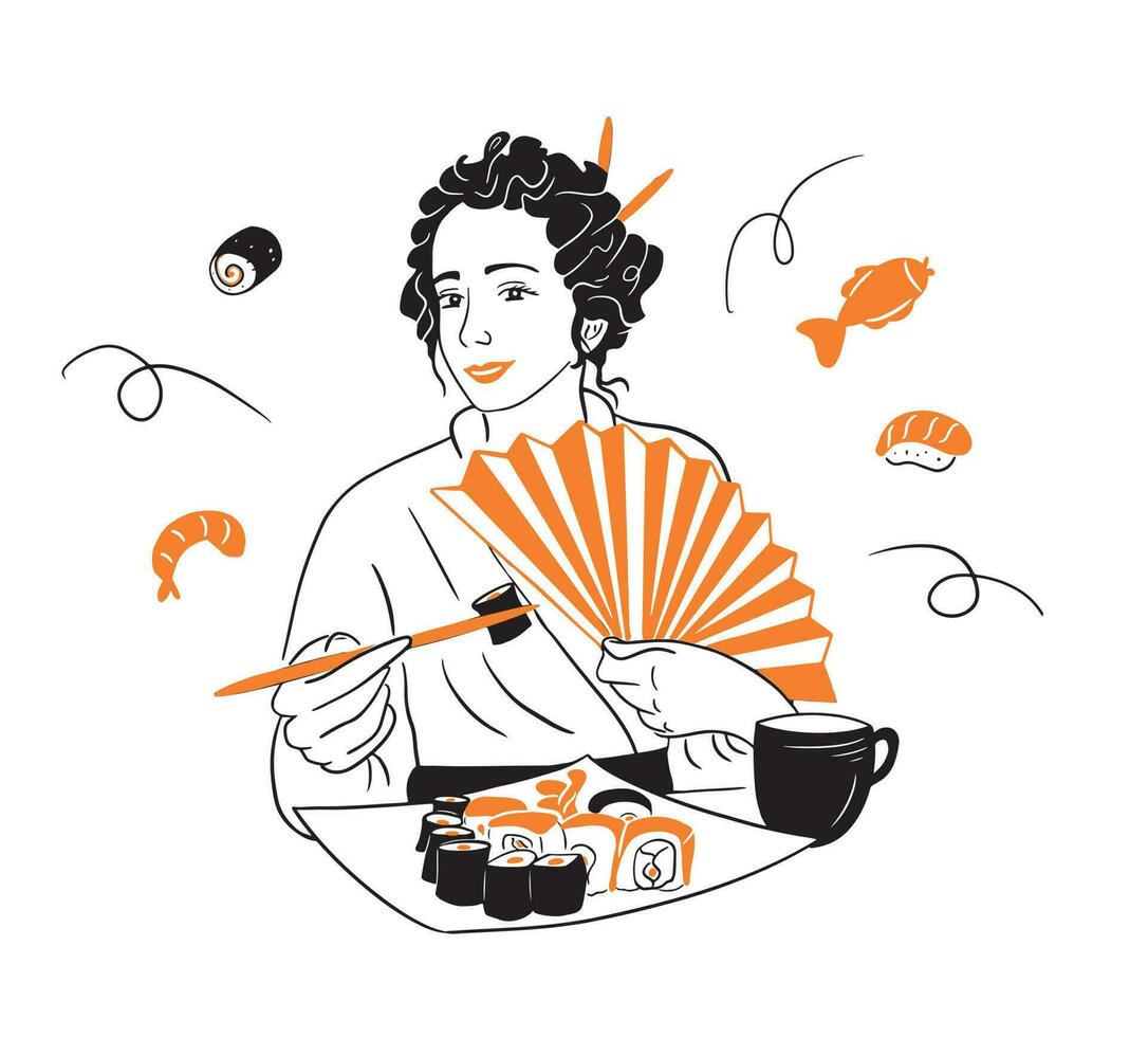 flicka äter sushi rullar.japanska cuisine.restaurang företag concept.vector illustration. vektor
