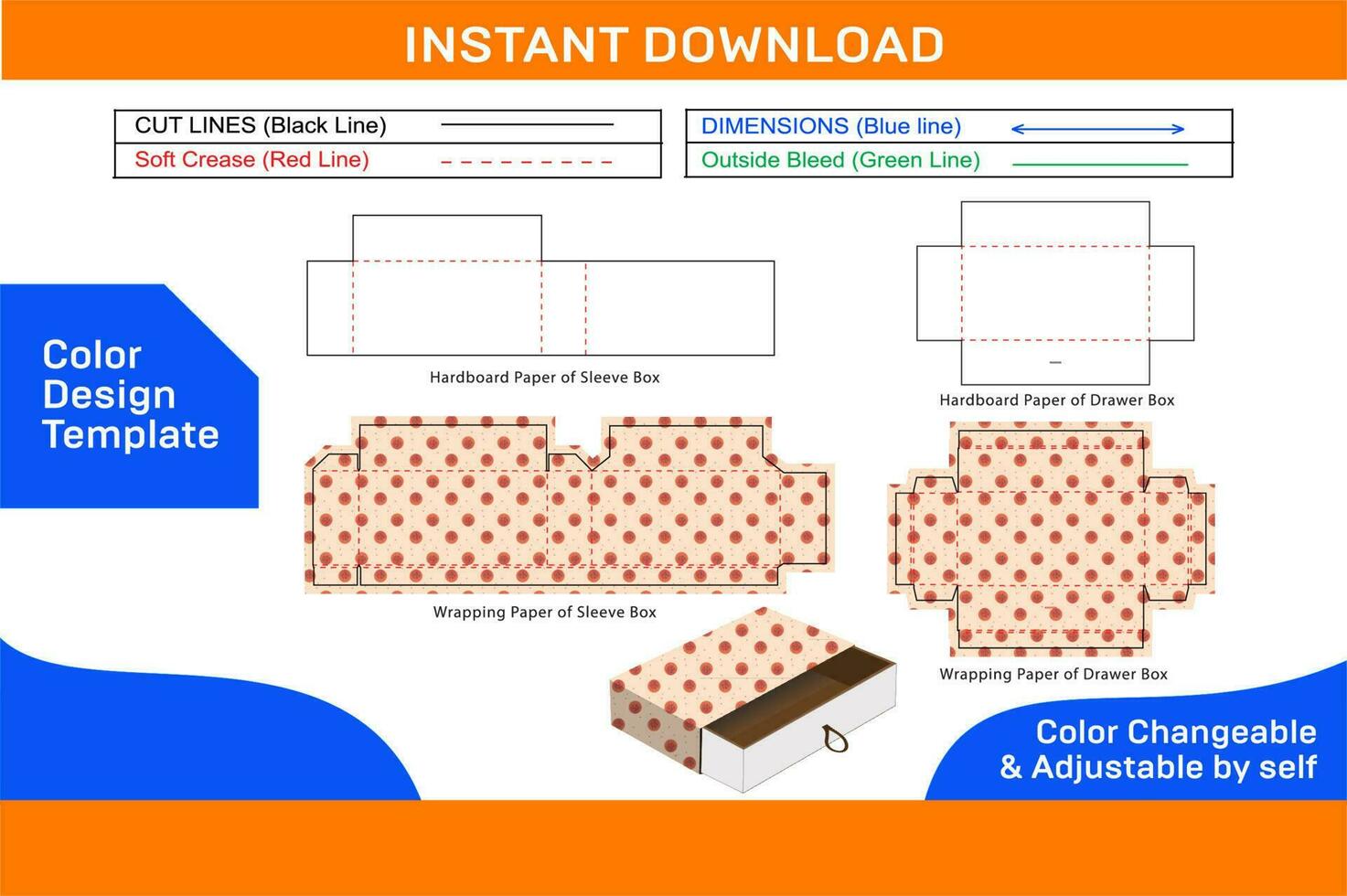 Ärmel Schublade Box Dieline Vorlage und 3d Box Design coloe veränderbar und editierbar Farbe Design Vorlage vektor