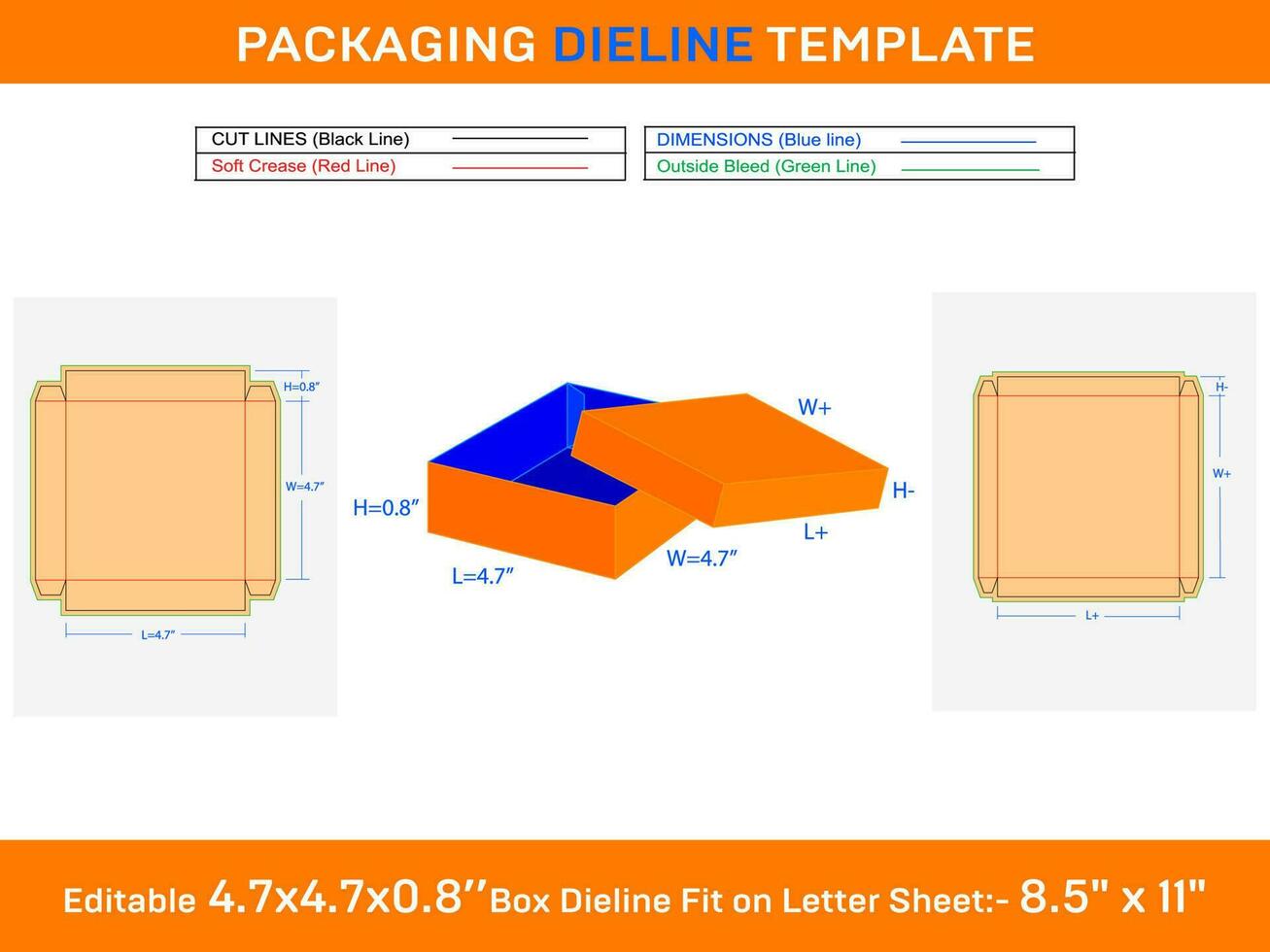 Kraft Verpackung Box mit Deckel oder Geschenke Box Dieline Vorlage von 4,7x4,7x0,8 Zoll vektor