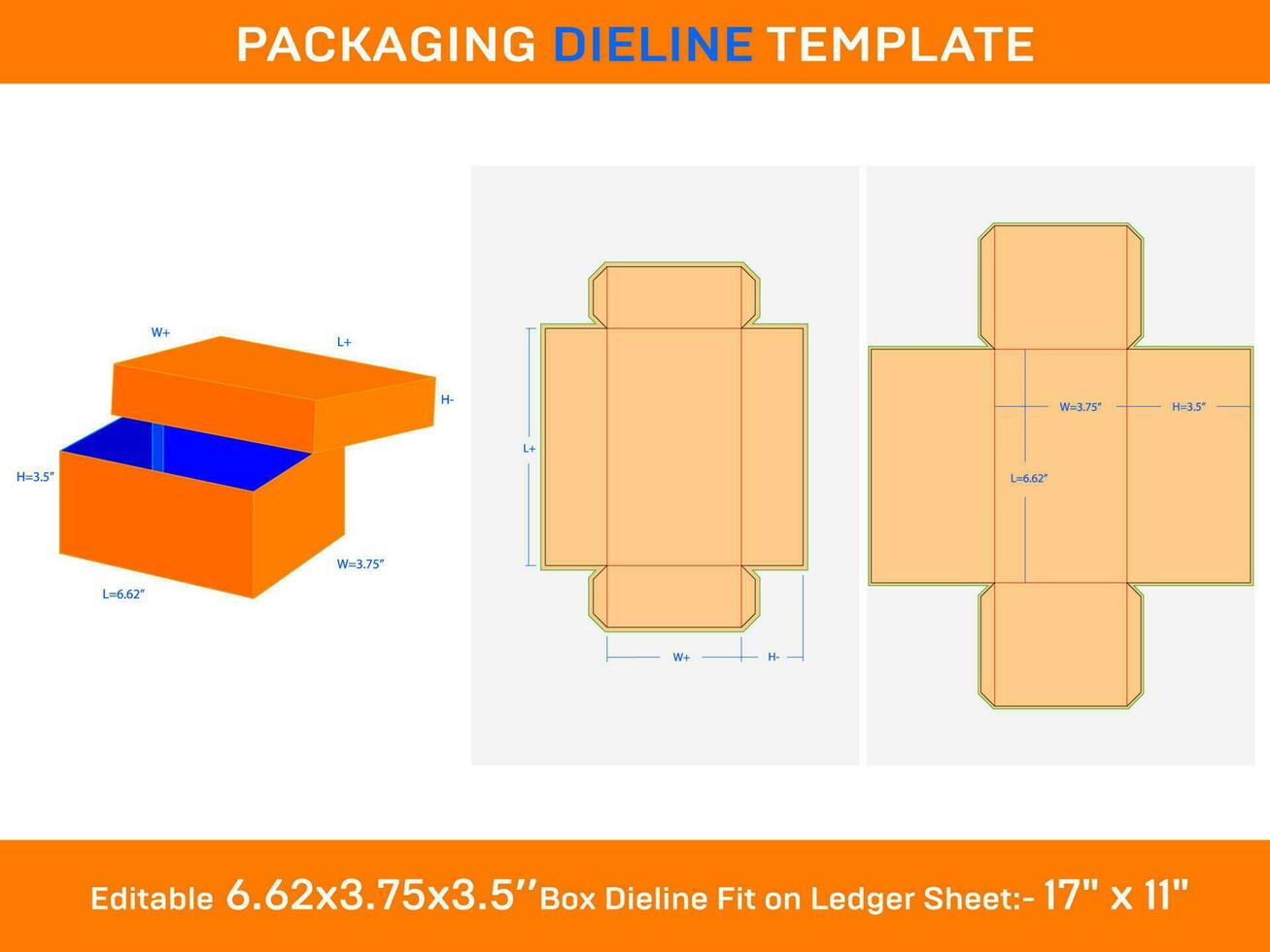 Kraft Verpackung Box mit Deckel oder Geschenke Box Dieline Vorlage von 6,62 x 3,75 x 3,5 Zoll vektor