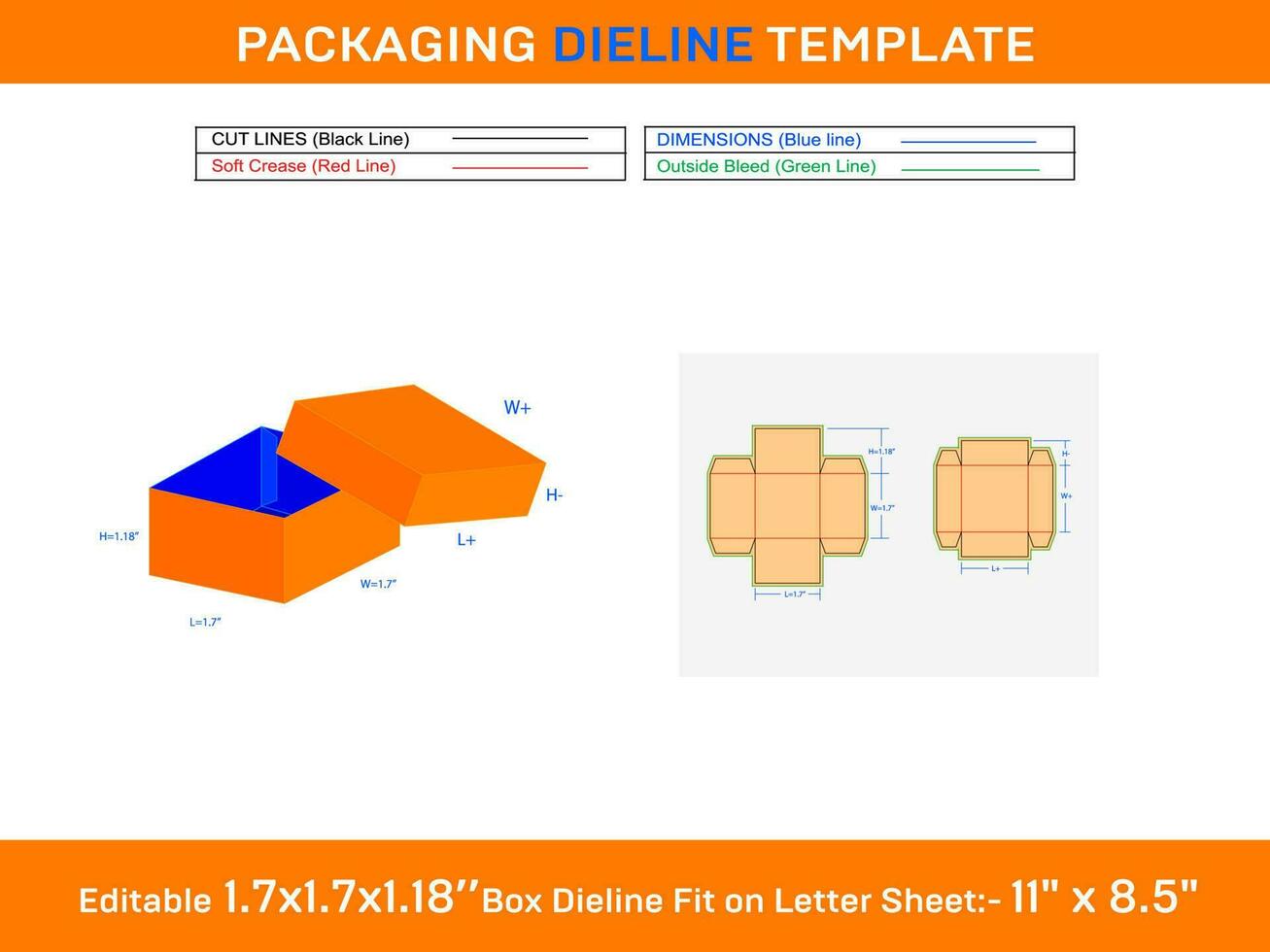 gewellt Base Deckel Geschenk Box 1,7x1,7x1,18 Zoll Dieline Vorlage vektor