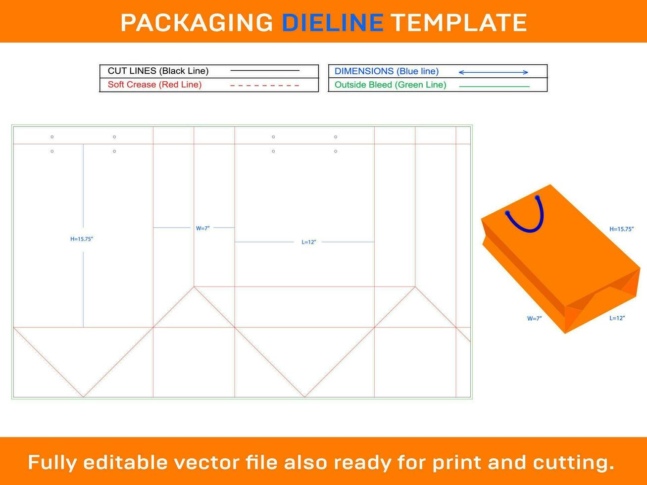 Einkaufen Tasche 12x7x15,75 Zoll Dieline Vorlage vektor