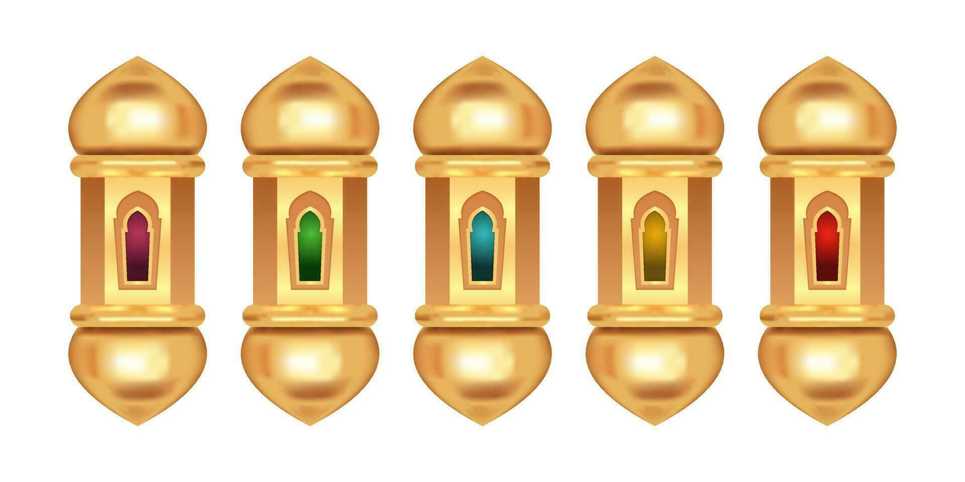 3d illustration av fem gyllene lyktor. uppsättning av Flerfärgad lyktor. element lämplig för ramadan eller islamic högtider vektor