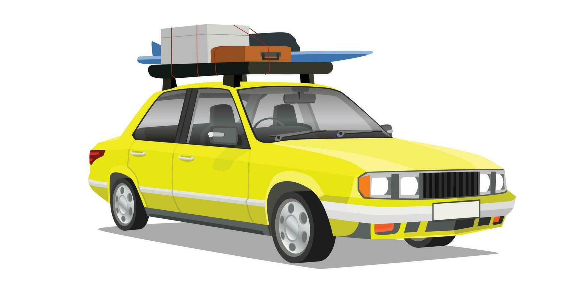 obejct av klassisk bil gul Färg kan se interiör. inuti med styrning hjul, trösta med sittplats. på tak av bil med kuggstång förpackning bagage för reser. på isolerat vit bakgrund. vektor