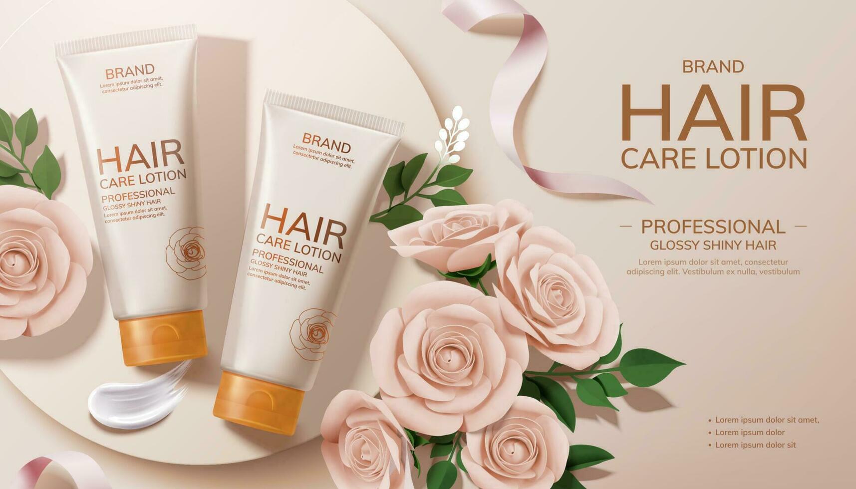 elegant Haar Pflege Lotion Anzeigen mit Papier Rosen Dekorationen im 3d Illustration vektor