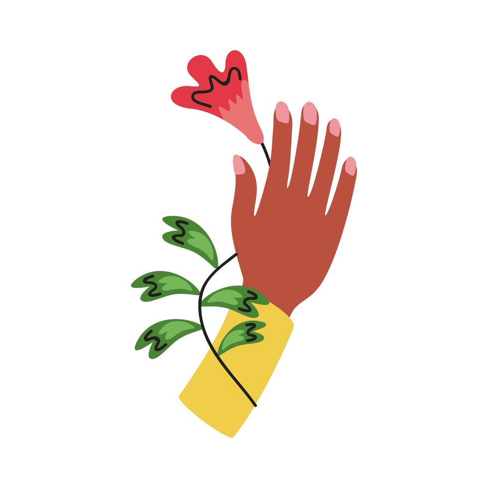 hand lyftande vacker blomma och blad trädgård vektor