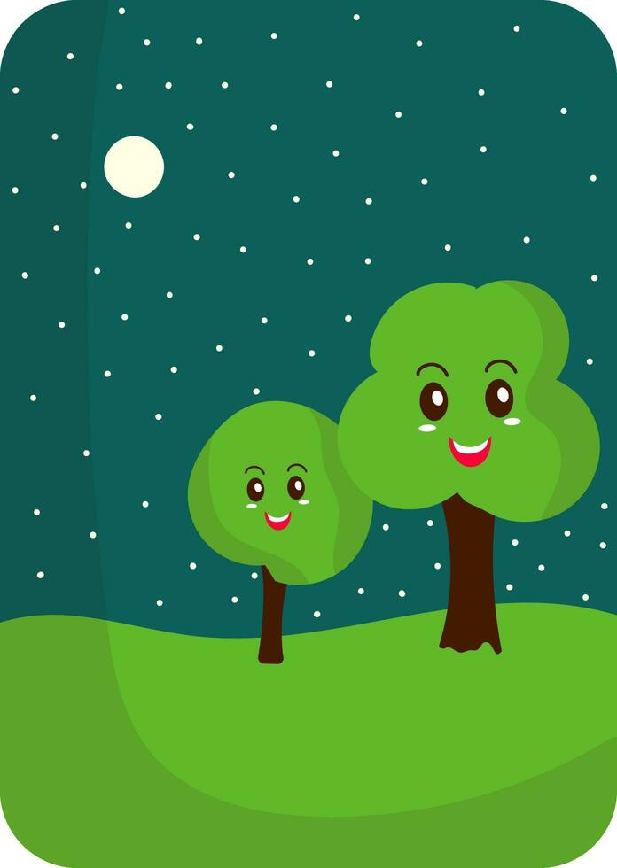 glücklich Baum Karikatur mit voll Mond und Sterne Landschaft Grün Hintergrund. vektor