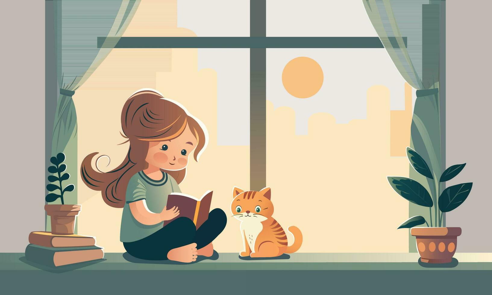 söt flicka karaktär läsning en bok med tecknad serie katt Sammanträde, växt vas och gardiner på Sol urban se genom fönster. vektor