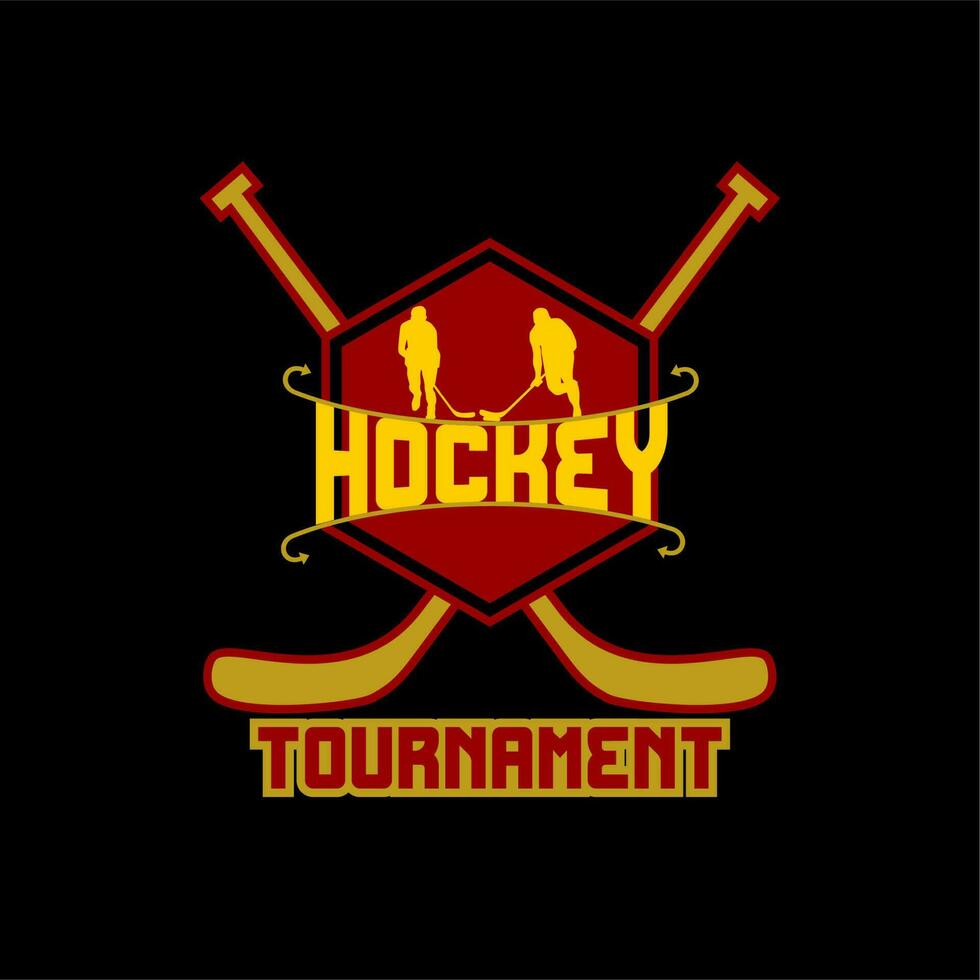Eishockey Turnier Logo Vorlage. mit Eishockey Spieler Silhouette, Logo auf schwarz Hintergrund. Vektor Illustration