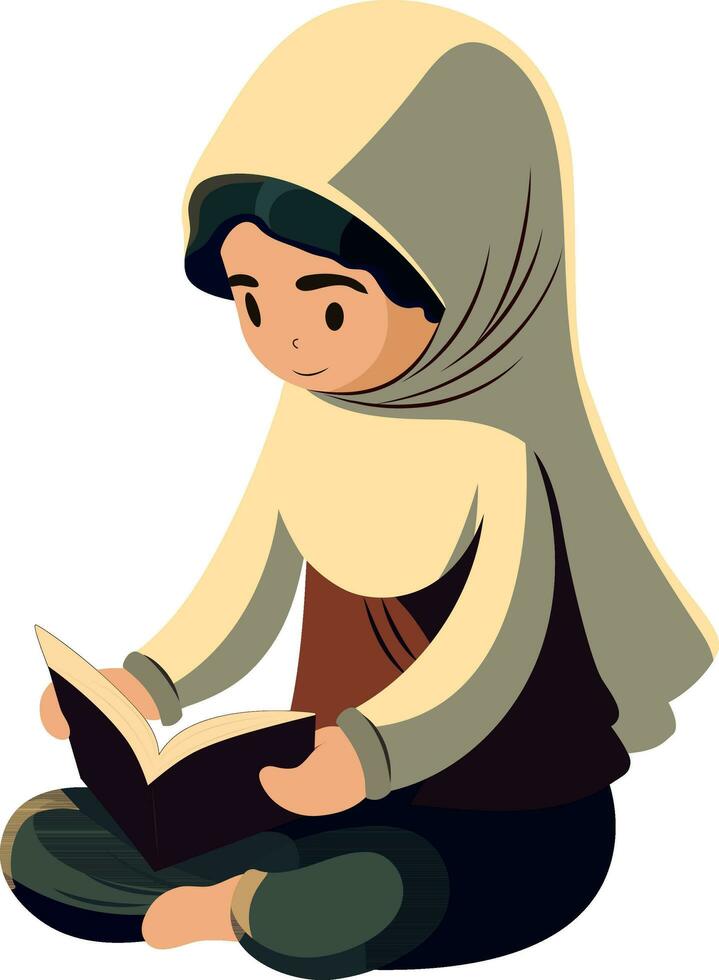 Illustration von jung Muslim Frau lesen Koran Buch im Sitzung Pose. vektor