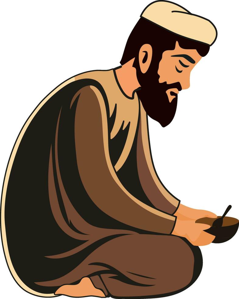skägg muslim man innehav skål med sked ikon i Sammanträde utgör. vektor