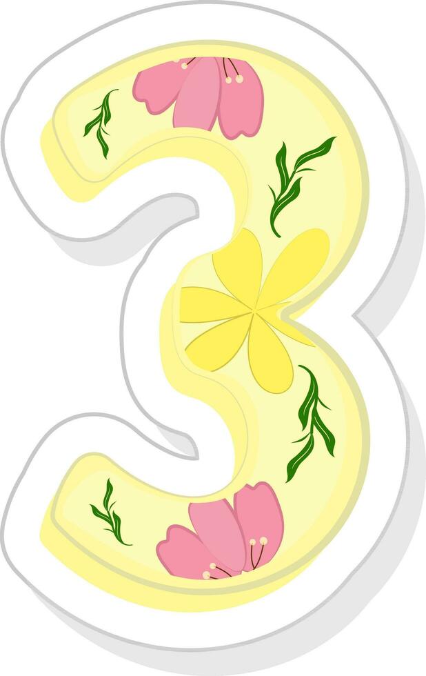 Aufkleber Stil Blumen- 3 Nummer Symbol im Gelb Farbe. vektor