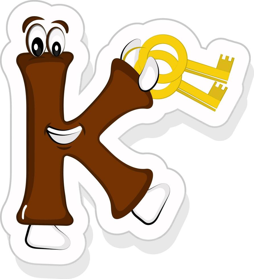 Aufkleber Stil braun k Alphabet Karikatur Charakter halten Schlüssel Symbol. vektor