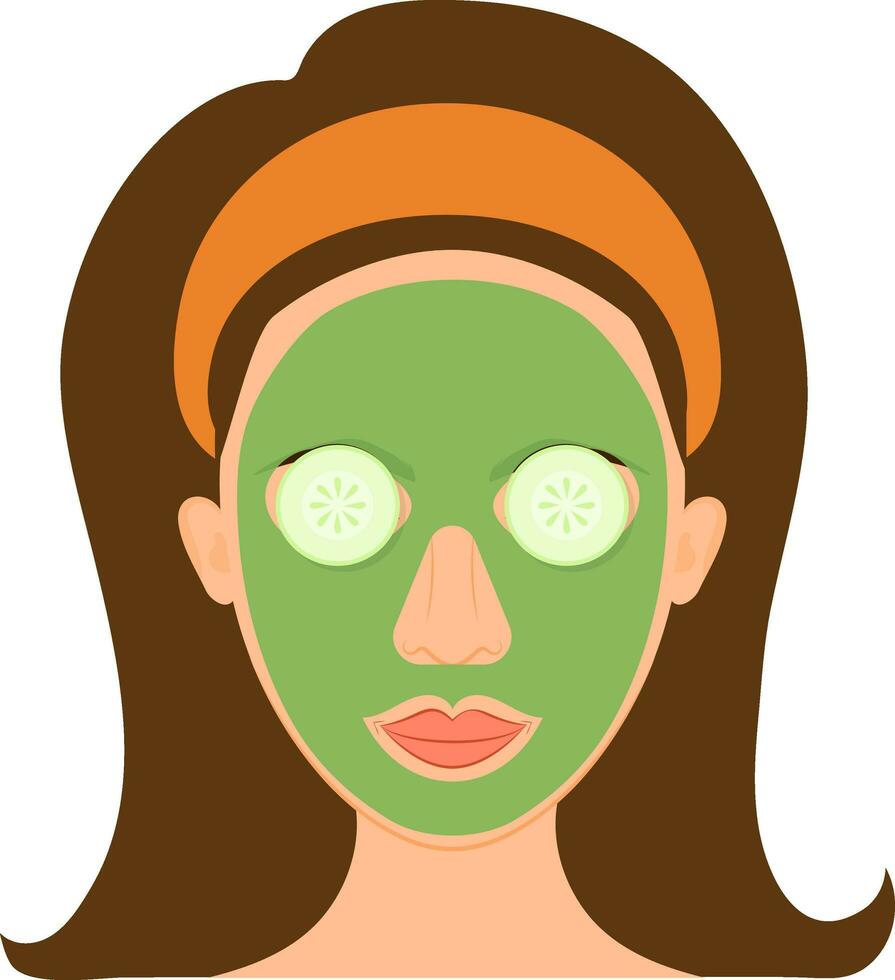 jung Dame anwenden Grün Gesicht Pack auf ihr Gesicht mit Gurke Scheibe Symbol im eben Stil. vektor