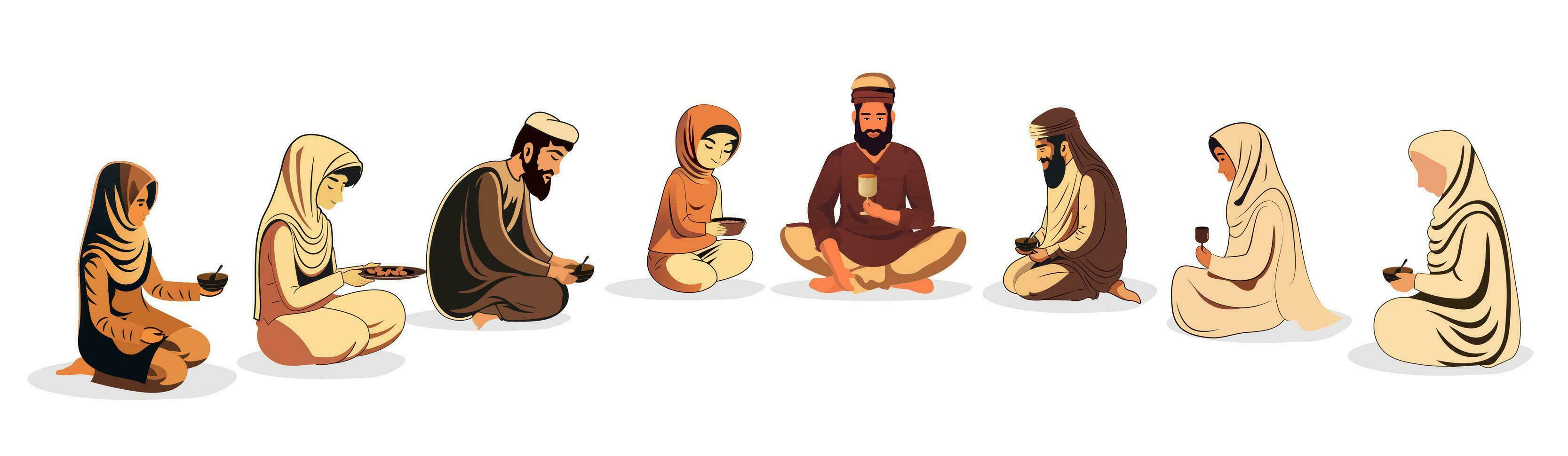 Muslim Männer und Frauen Zeichen feiern suhoor Zeit oder iftar Party zusammen. islamisch heilig Monat Festival Konzept. vektor