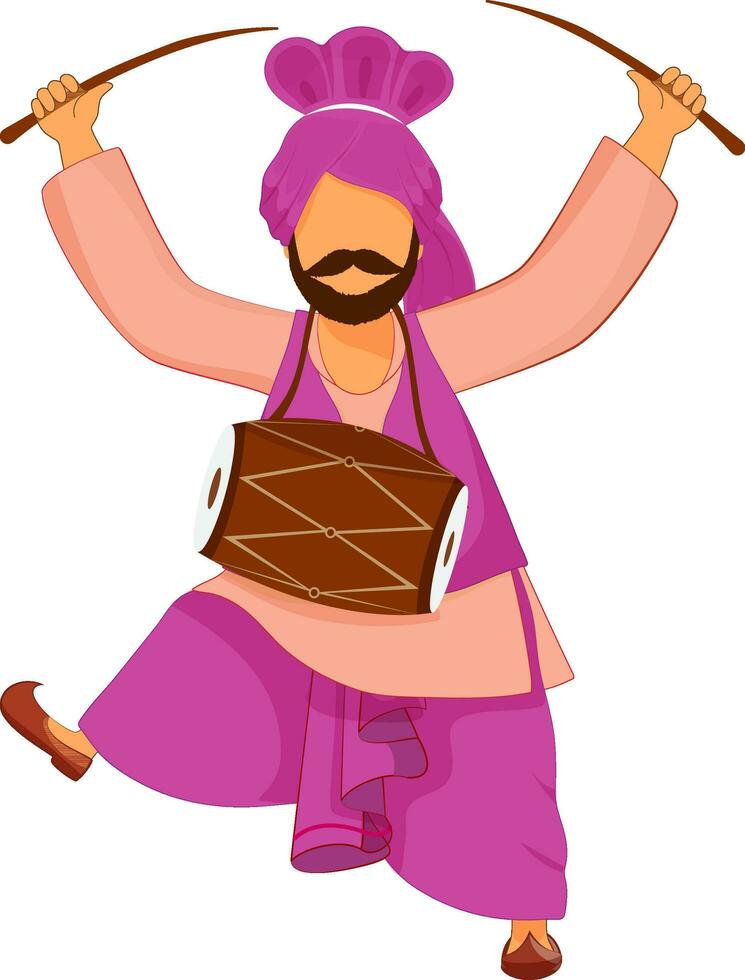 tecknad serie punjabi man spelar dhol i bhangra dansa över vit bakgrund. vektor