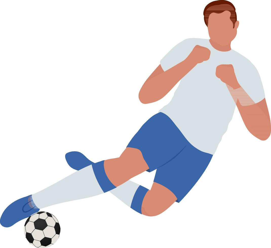 gesichtslos jung Fußball Spieler Mann treten Fußball im Kurve Pose. vektor