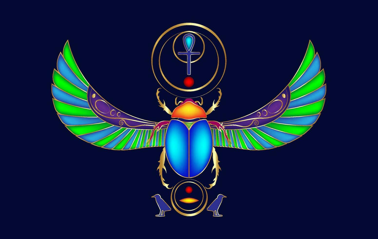 egyptisk helig scarab färgrik design på dyrbar stenar, logotyp skalbagge med vingar. vektor illustration, personifierande de Gud khepri. symbol av de gammal egyptier, isolerat på blå bakgrund