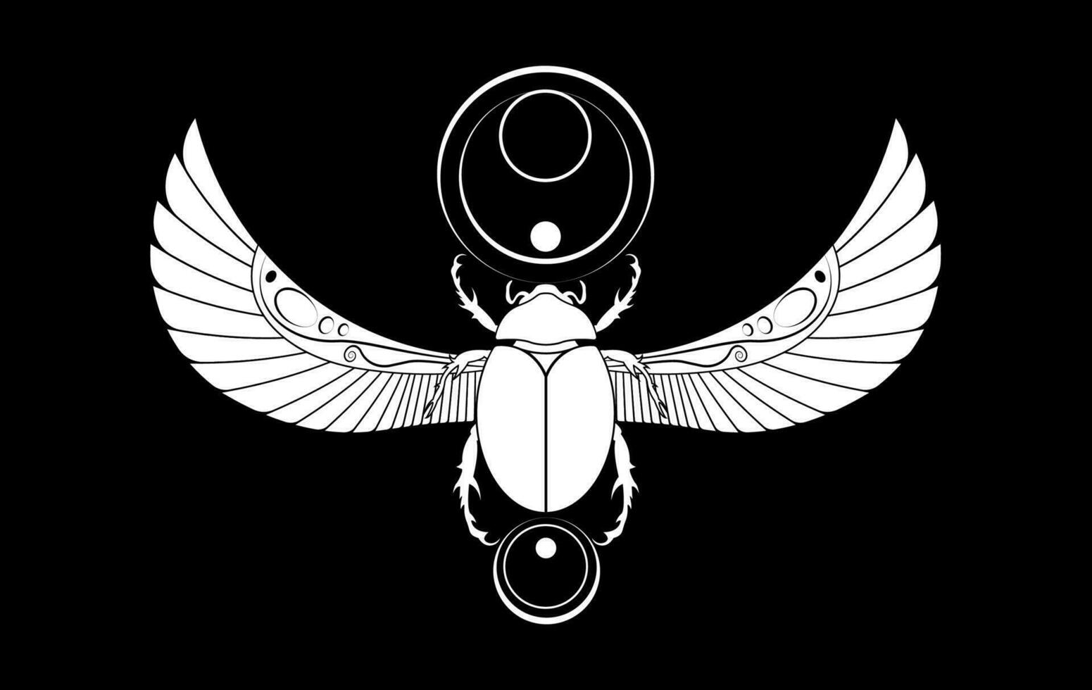 egyptisk helig scarab vägg konst design. skalbagge med vingar. vektor illustration vit logotyp, personifierande de Gud khepri. symbol av de gammal egyptier. till vara färgad isolerat på svart bakgrund