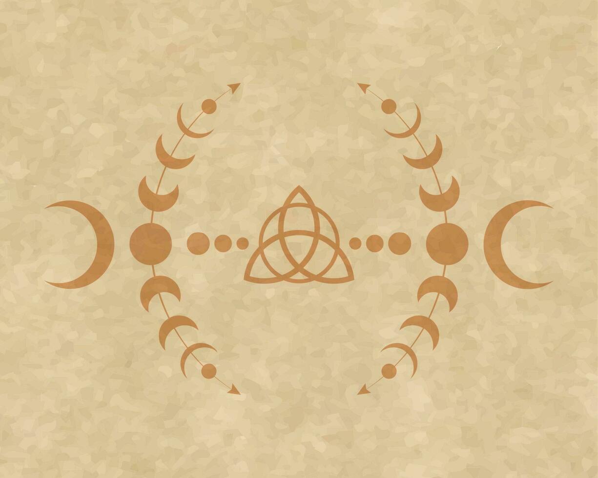 mystisk måne faser wicca ram. triquetra helig geometri. logotyp, wiccan trippel- gudinna symbol, energi cirkel, retro boho stil vektor isolerat på årgång bakgrund