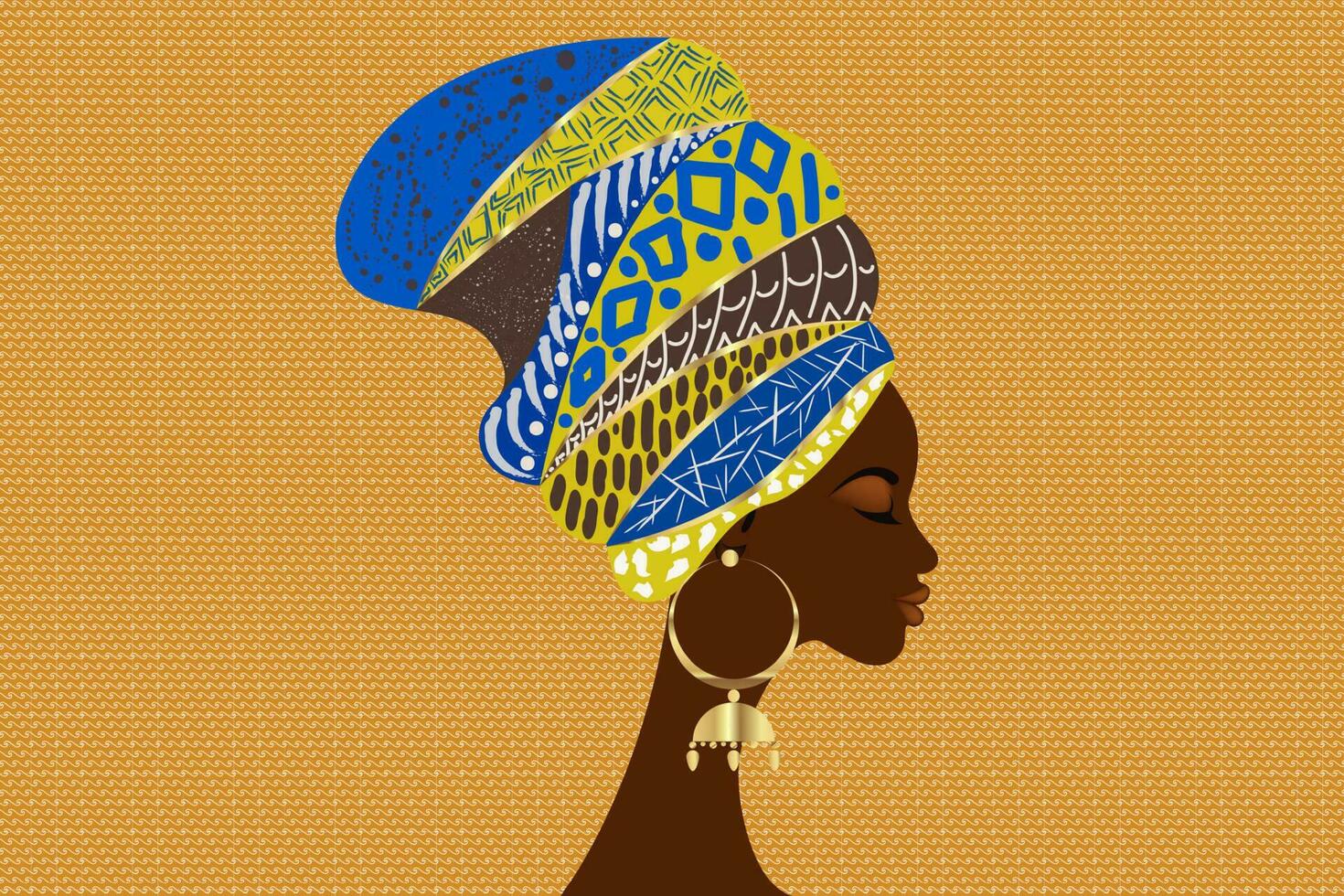 Porträt schön afrikanisch Frau im traditionell Turban Stammes- Motive, kente Kopf wickeln, afrikanisch traditionell schwarz Frauen Vektor Silhouette isoliert mit Gold Ohrringe, Mode Frisur Schönheit Konzept