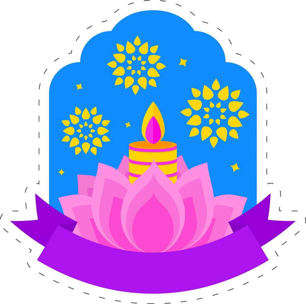 Lycklig diwali firande begrepp med lotus blomma, belyst ljus, mandala eller blommor på blå och vit bakgrund. vektor