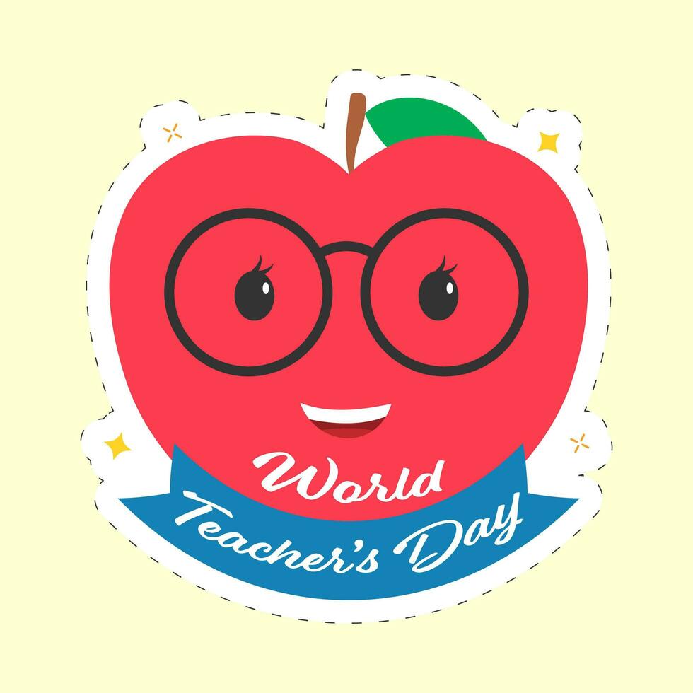 Brille tragen glücklich Karikatur Apfel Über Gelb Hintergrund zum Welt Lehrer Tag Konzept. vektor