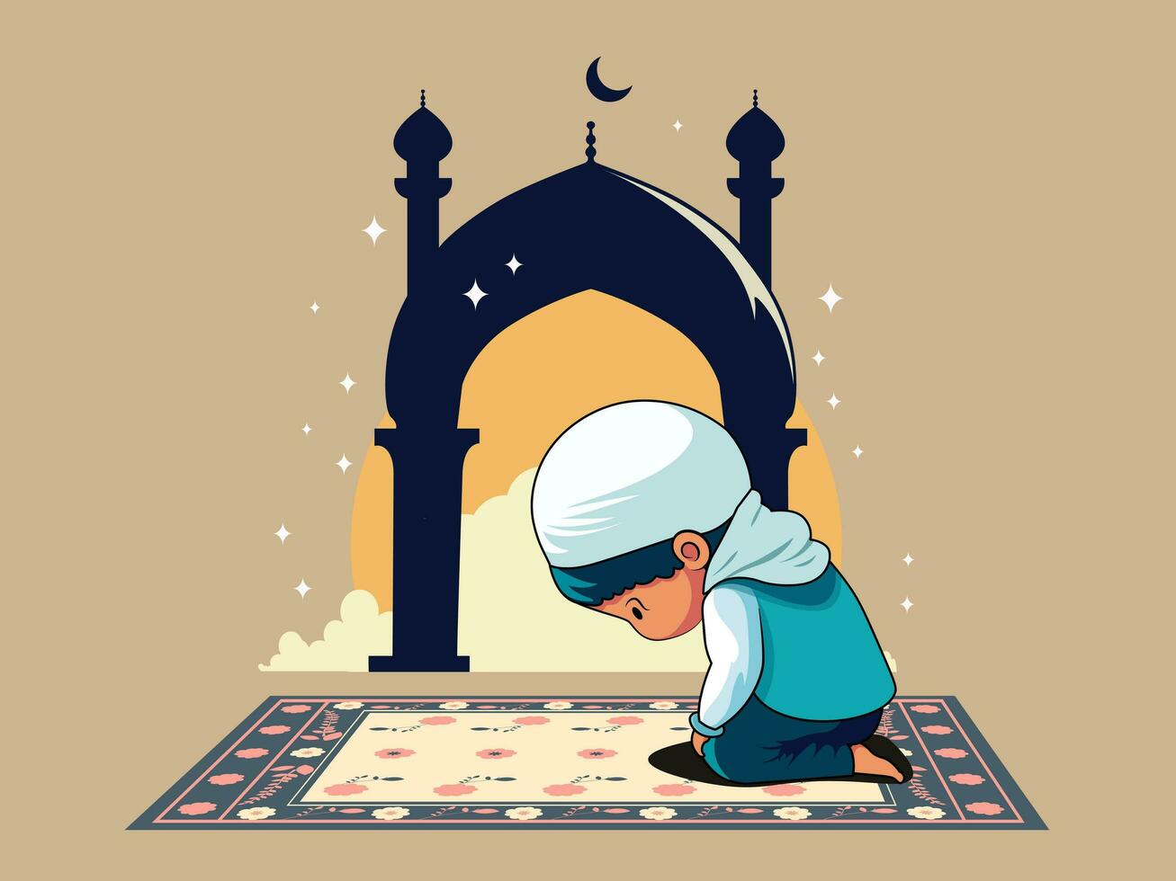 eben Stil Muslim Junge Angebot namaz Gebet auf Matte im Vorderseite von Moschee Tür. islamisch Festival von eid oder Ramand Konzept. vektor