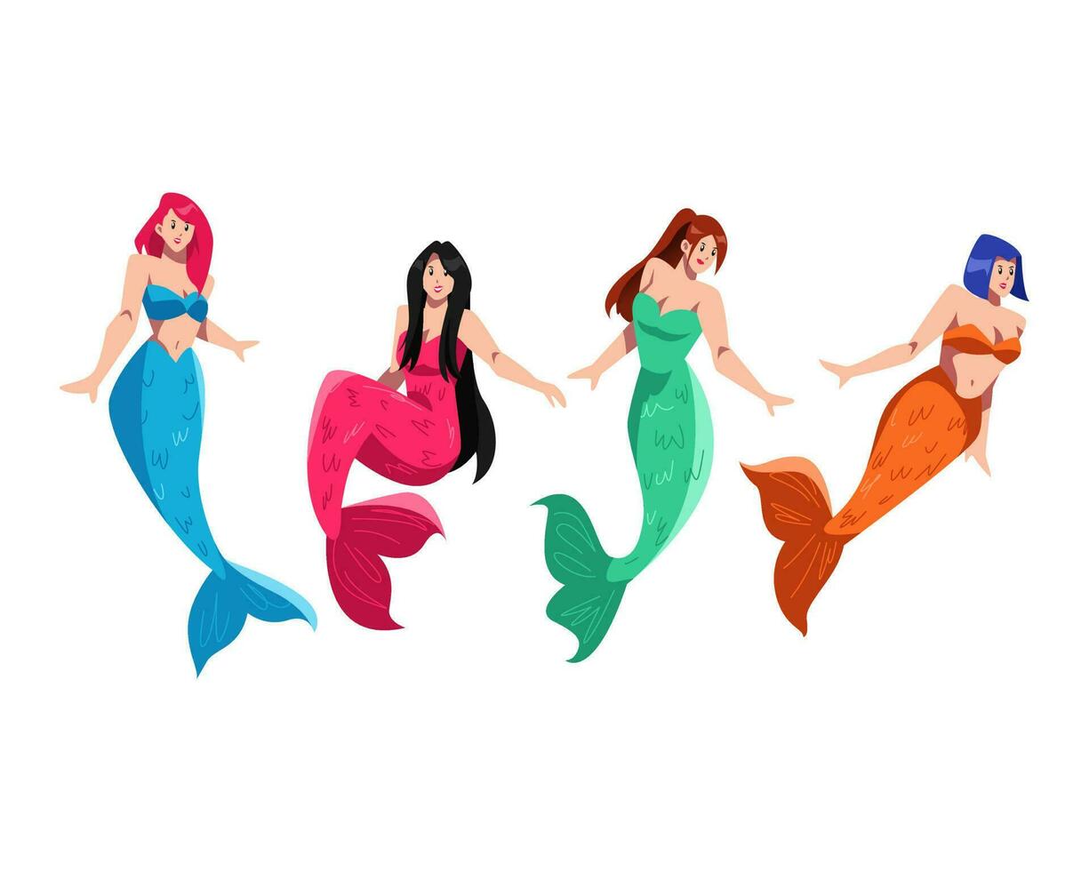 uppsättning av skön sjöjungfru kvinnor med annorlunda färger, poserar, frisyrer. platt tecknad serie vektor illustration.