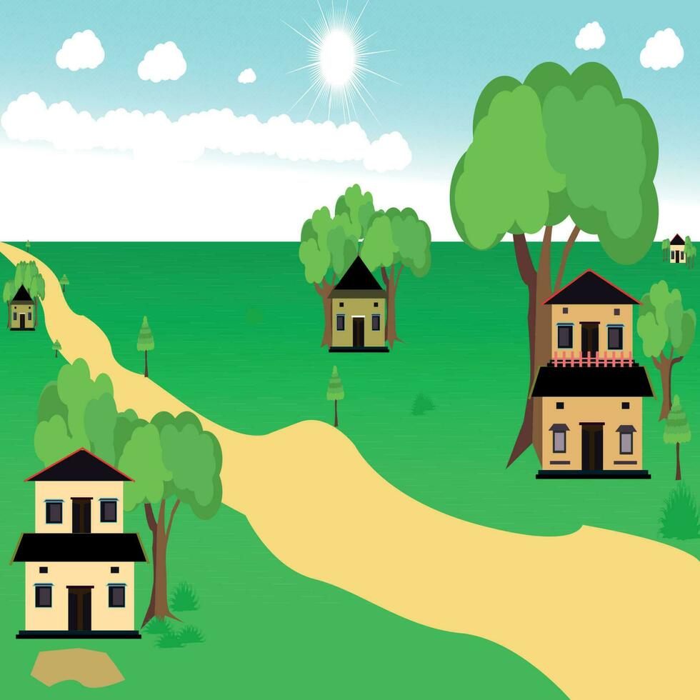 Vektor Illustration von ein schön Haus und heim. Landschaft Hintergrund , Dorf Stil bunt Bäume Grün Gras Blau Himmel Niedlich. einfach Karikatur Stil