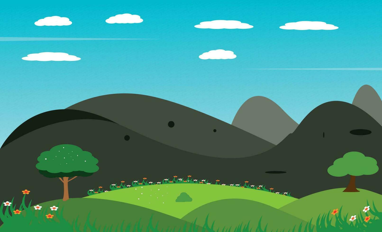 Natur Landschaft Vektor Illustration mit Karikatur Stil. schön Frühling Landschaft Karikatur mit Grün Gras und Blau Himmel bunt Bäume und Berg.