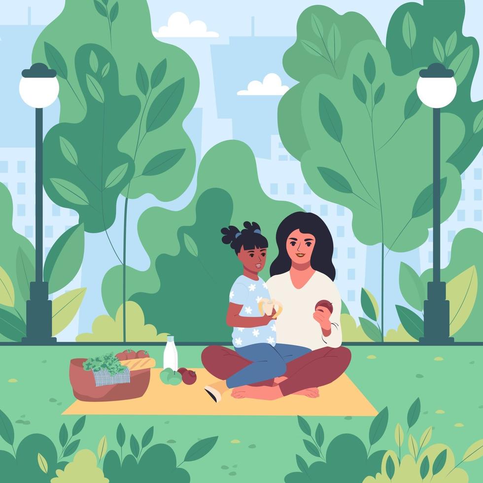 Mutter und Tochter haben ein Picknick in der flachen Vektorillustration des Stadtparks vektor