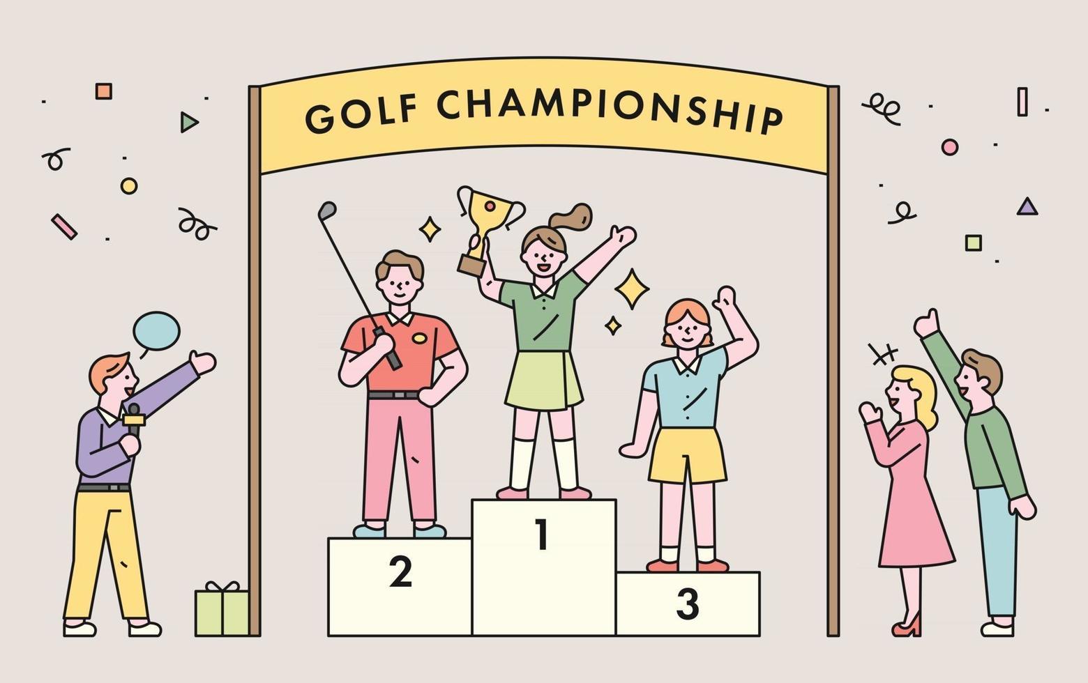Menschen, die mit den Gewinnern des Golf-Meisterschaftspodiums feiern. flache Designart minimale Vektorillustration. vektor
