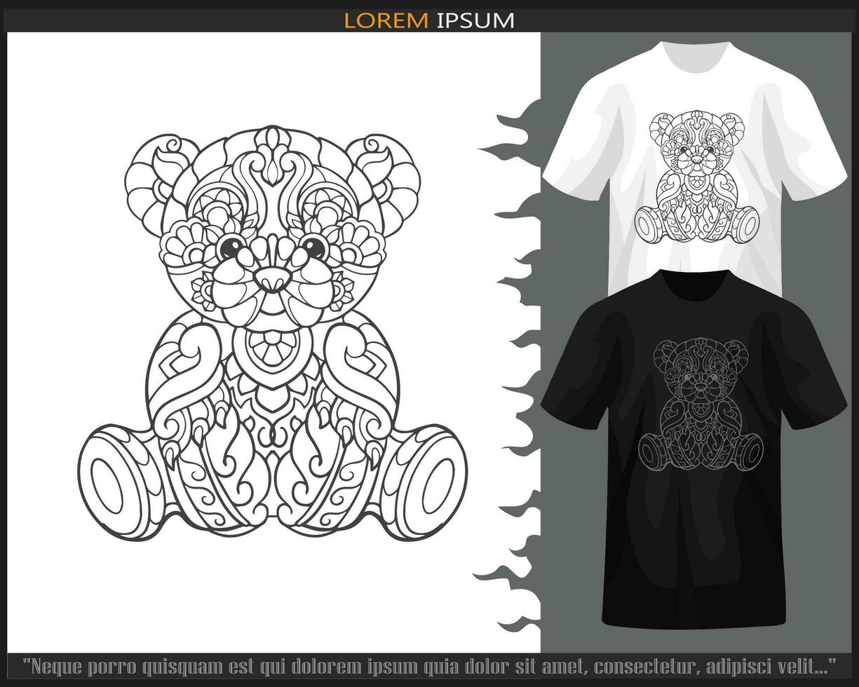 teddy Björn mandala konst isolerat på svart och vit t-shirt. vektor