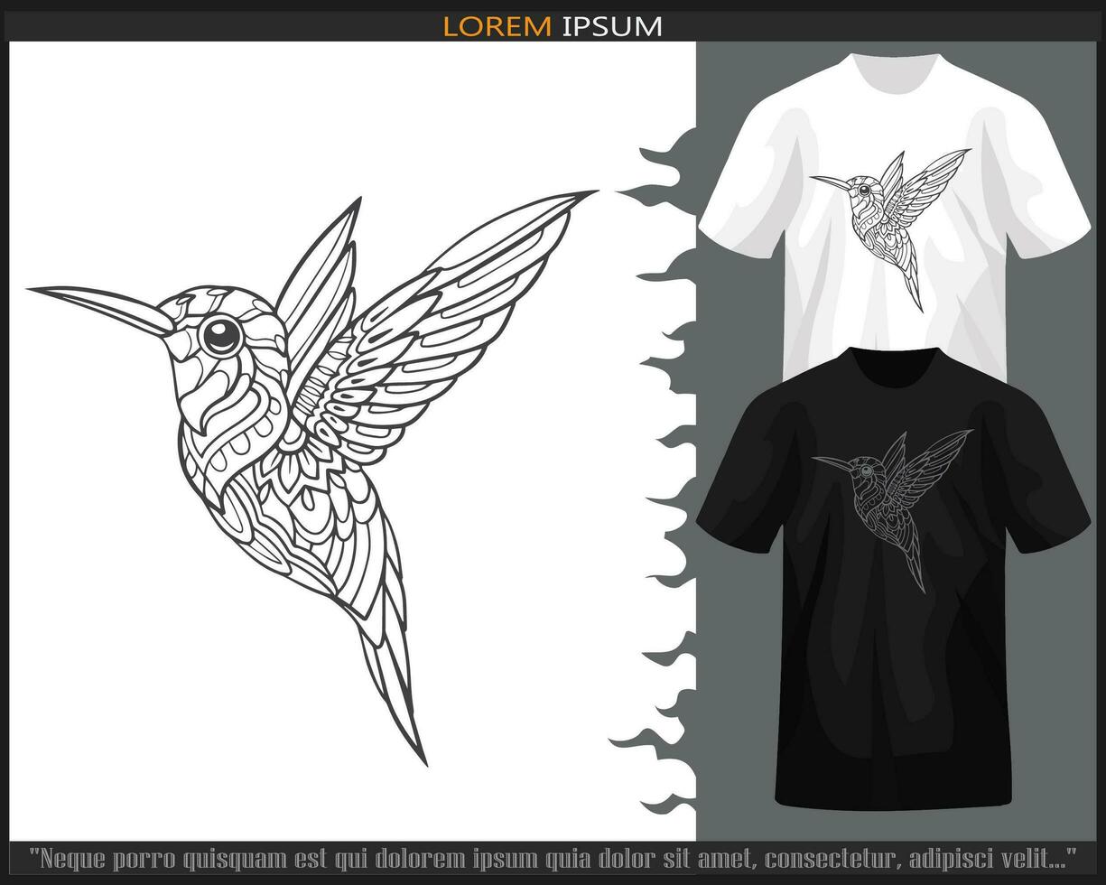 brummande fågel mandala konst isolerat på svart och vit t-shirt. vektor