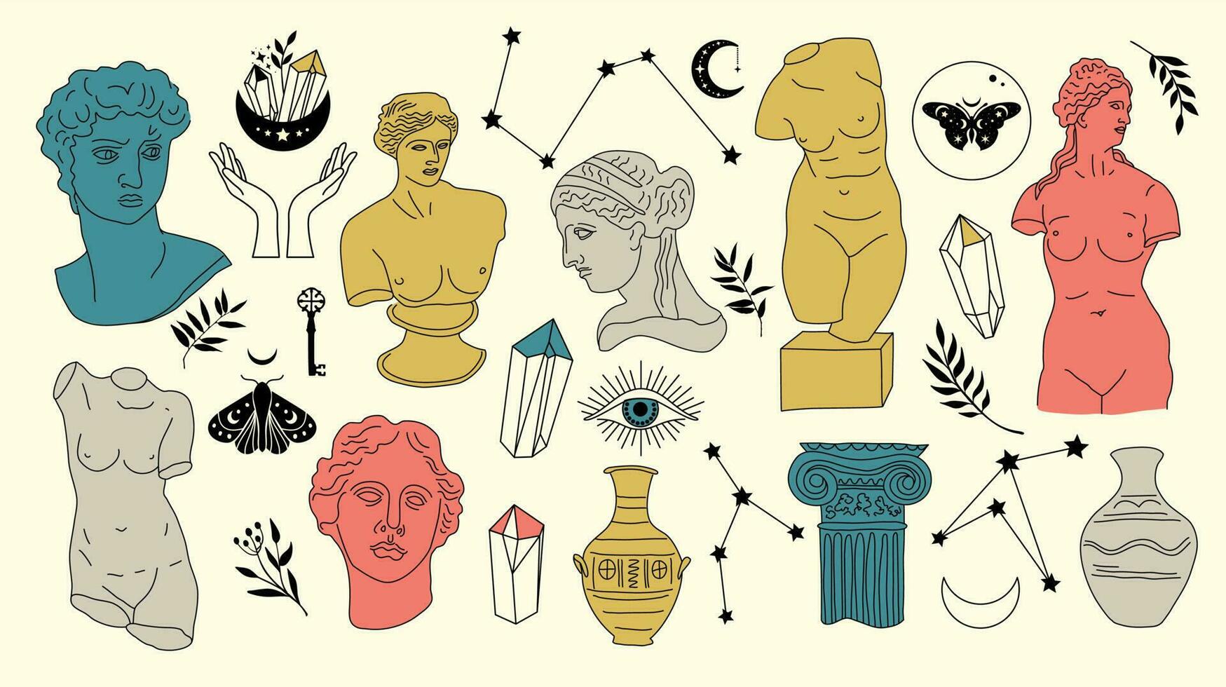grekisk gammal skulptur mystiker uppsättning. hand dragen illustrationer av antik klassisk statyer i trendig bohemisk stil. boho tatuering konst. huvuden, gren, vas, kolumn, händer, kropp, stjärnor. vektor