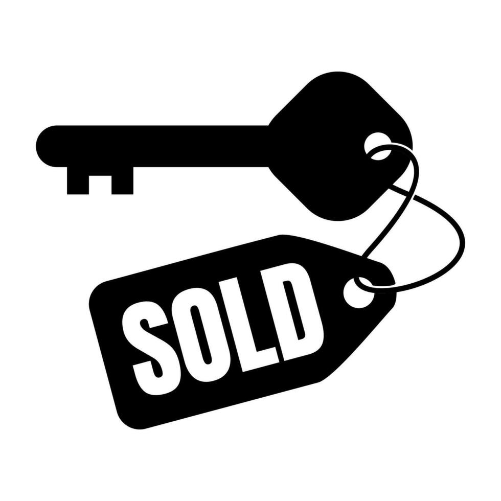 Schlüssel mit verkauft Etikett. modisch eben Stil Symbol zum Werbung Verkauf Abzeichen, Schild, heim, echt Anwesen, Anwendung, ui, Netz. Vektor Illustration