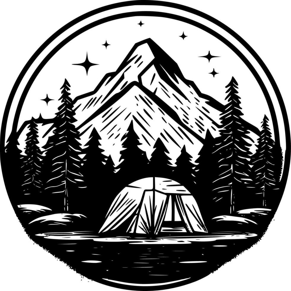 Camping - - schwarz und Weiß isoliert Symbol - - Vektor Illustration