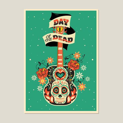 Buntes Skelett mit Gitarren-Hintergrund für Tag der Toten vektor