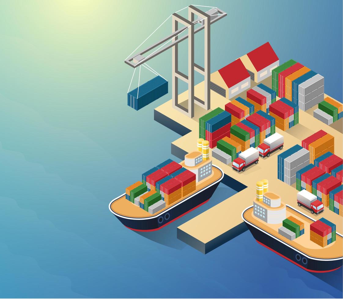 Luftaufnahme der Hafenwasserfront und des Seeterminals mit der isometrischen Plakat-Vektorillustration des Containerschiffladens vektor